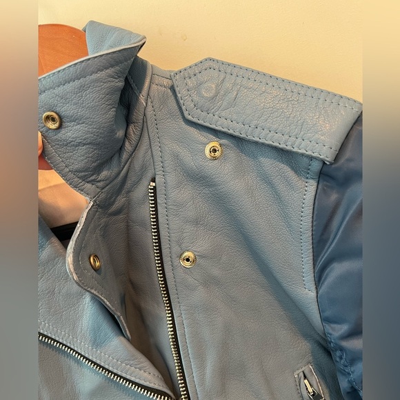 SANDRO Blue Ruched Shell-Paneled Sleeves Leather Goat Biker Jacket - Picture 5 of 16